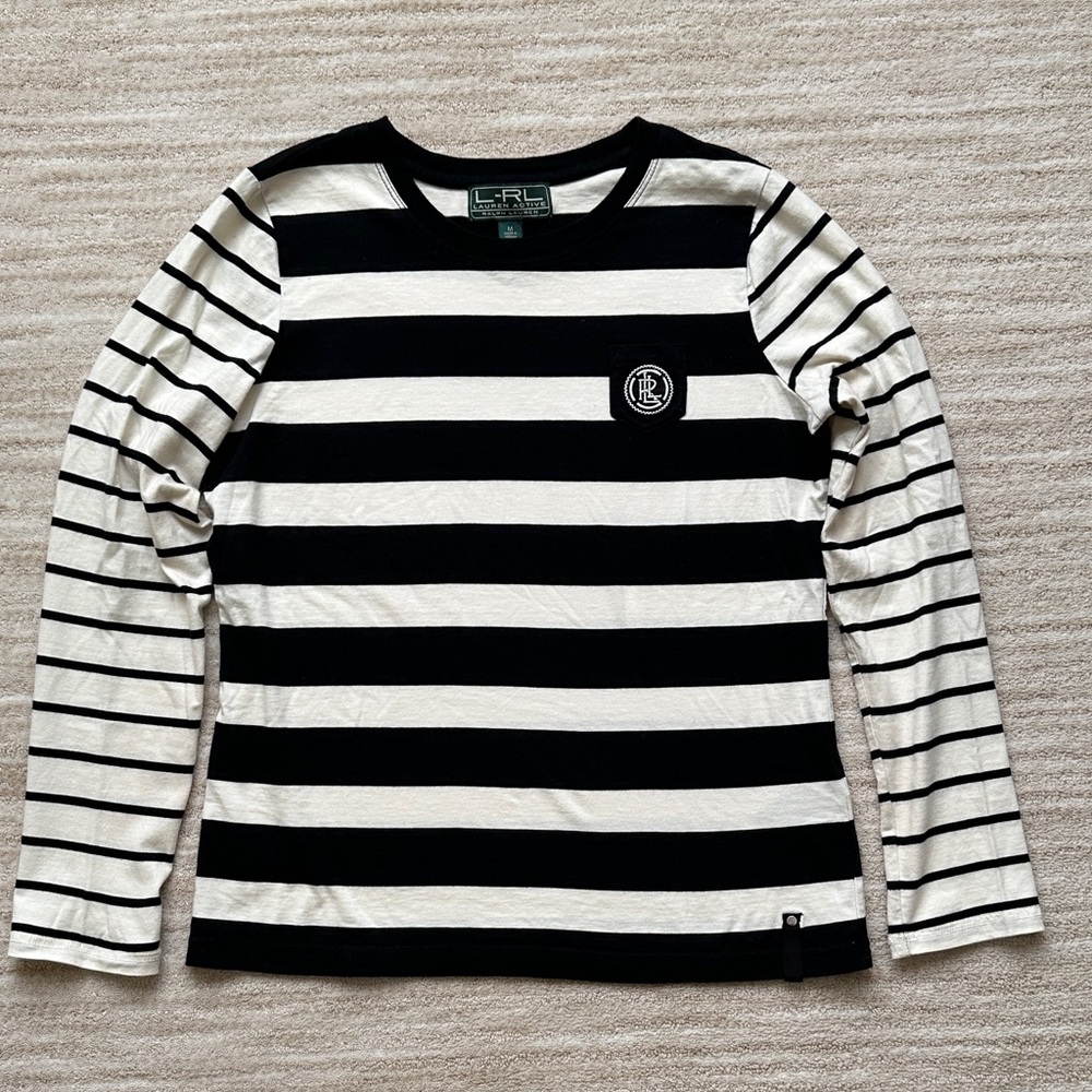 Lauren Ralph Lauren Active Top L Sleeve Striped White/Black Green Label Medium